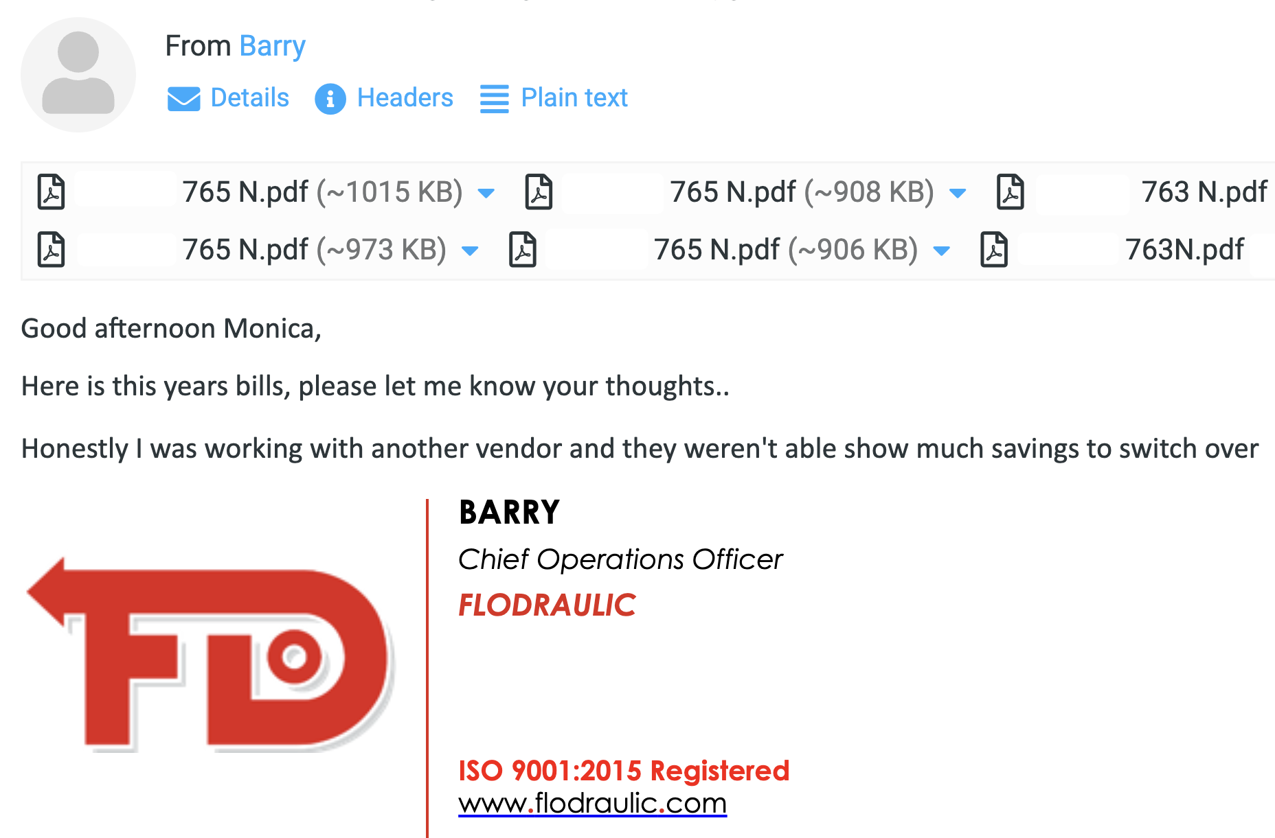 Real email reply for the Melink campaign — Barry, COO at Flodraulic: “Here is this year’s bills, please let me know your thoughts.”