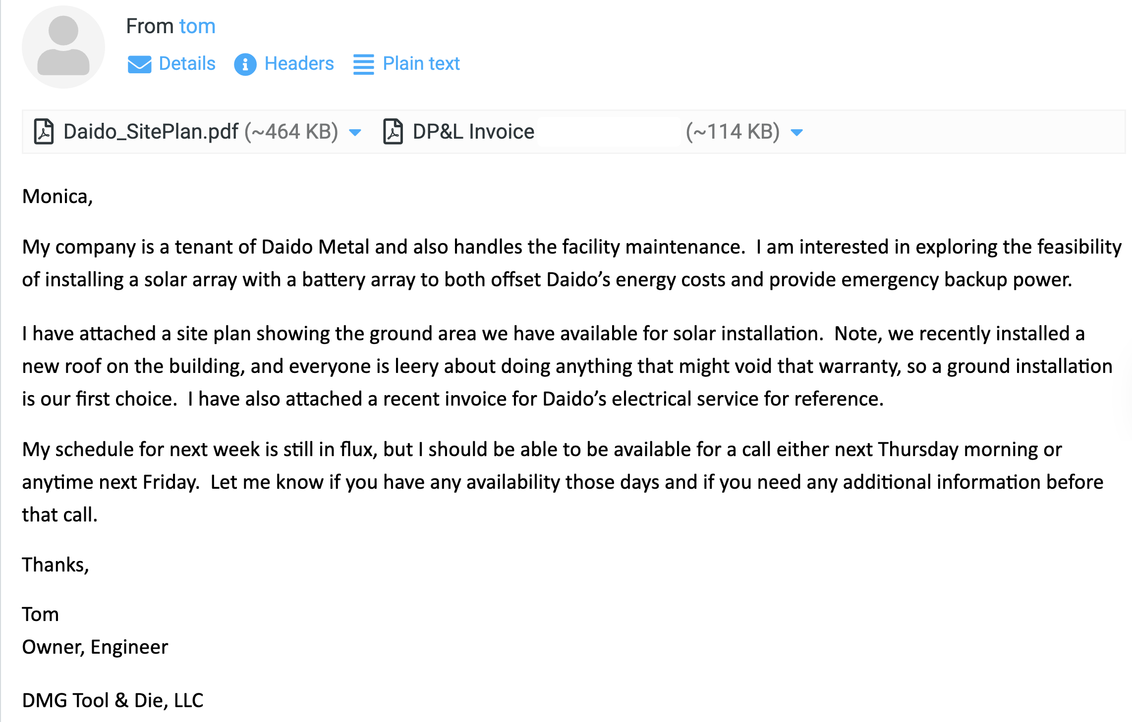 Real email reply for the Melink campaign — Tom, Owner & Engineer at DMG Tool & Die: “I am interested in exploring the feasibility of installing a solar array with a battery array to offset our energy costs and provide backup power.”