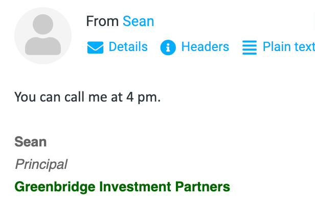 Real email reply for the SilRay campaign — Sean, Principal at Greenbridge Investment Partners: “You can call me at 4pm.”