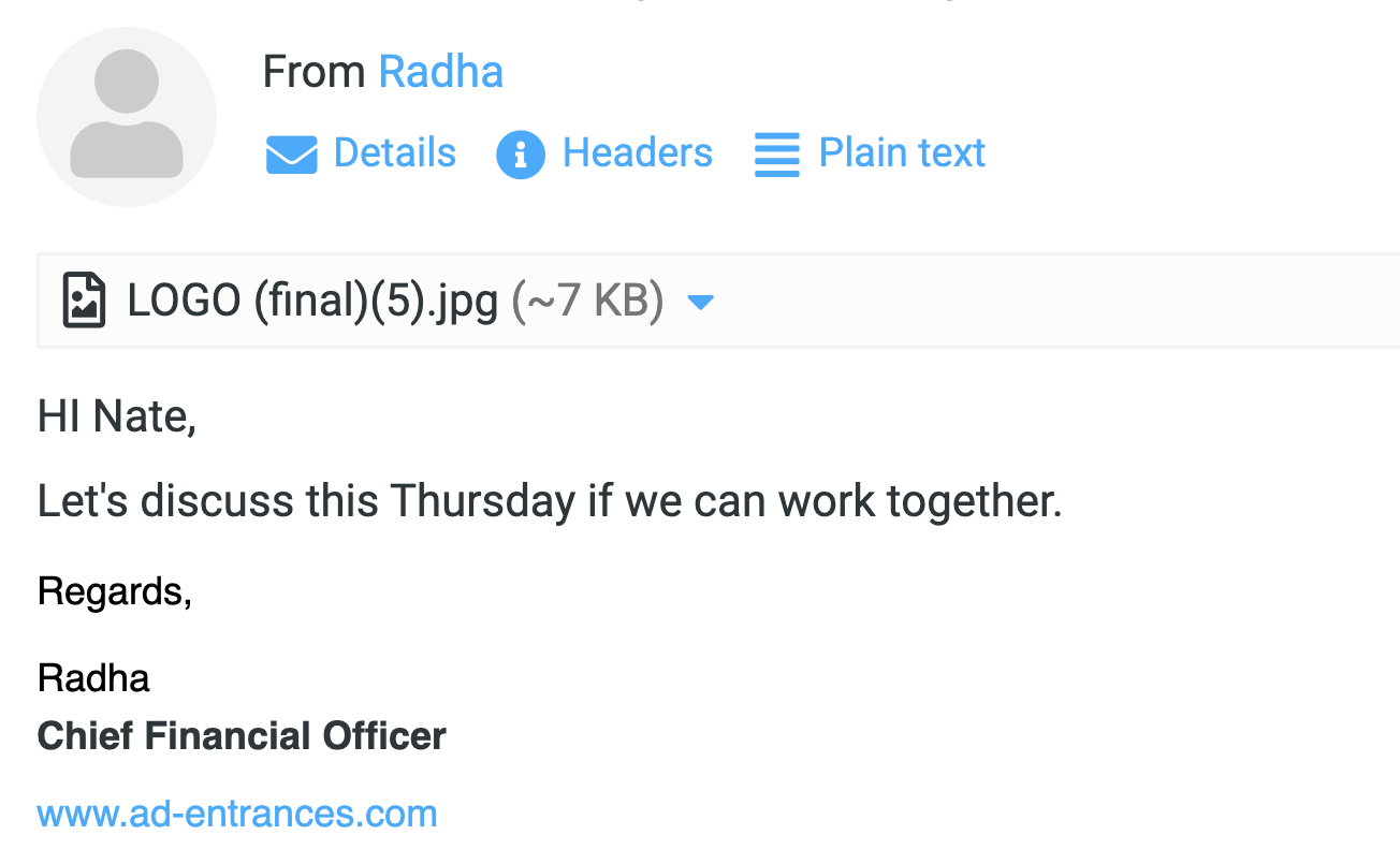 Real email reply for the Solar Liberty campaign — Radha, CFO at AD Entrances: “Let’s discuss this Thursday if we can work together.”