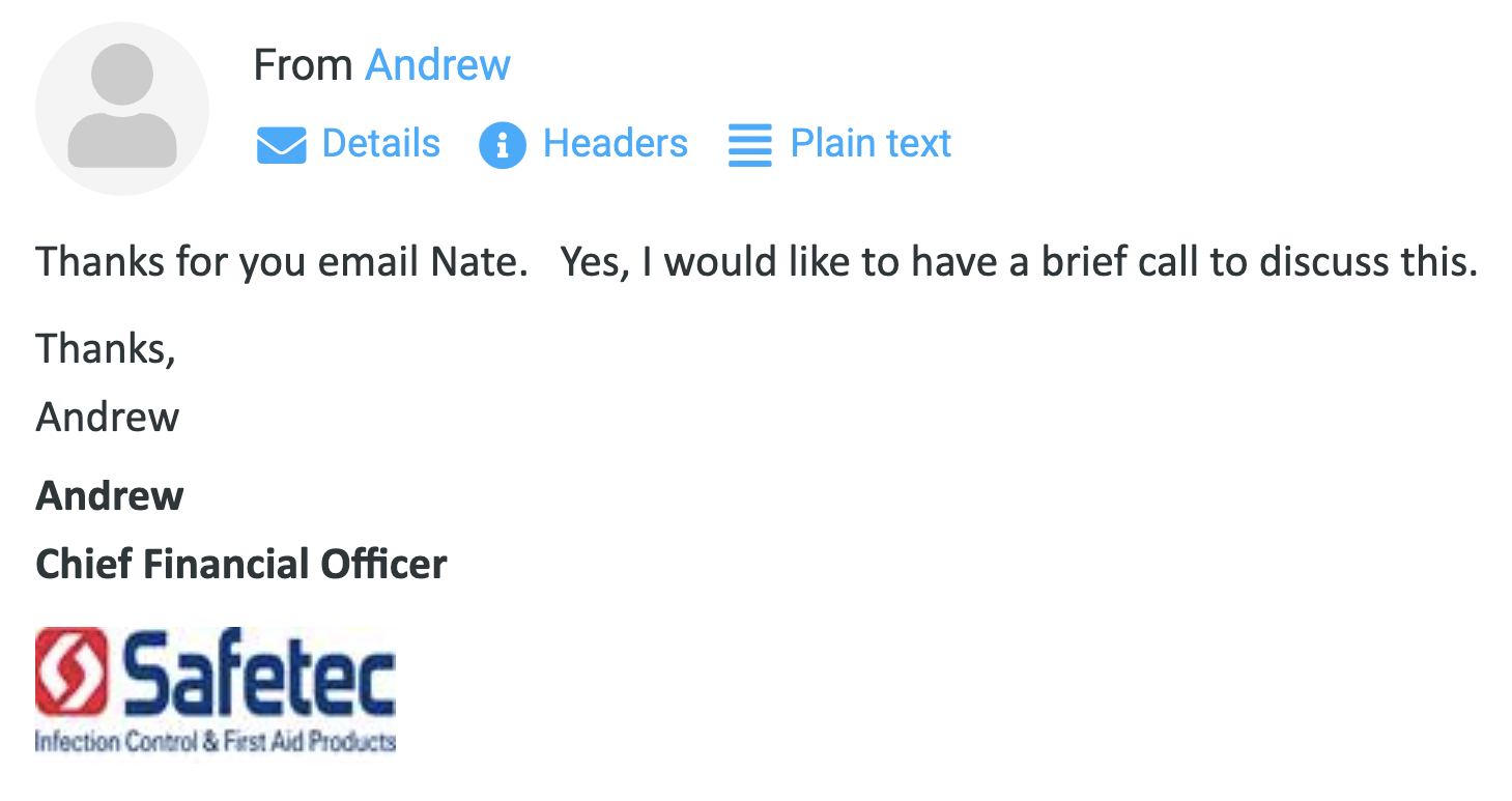 Real email reply for the Solar Liberty campaign — Andrew, CFO at Safetec: “Yes, I would like to have a brief call to discuss this.”