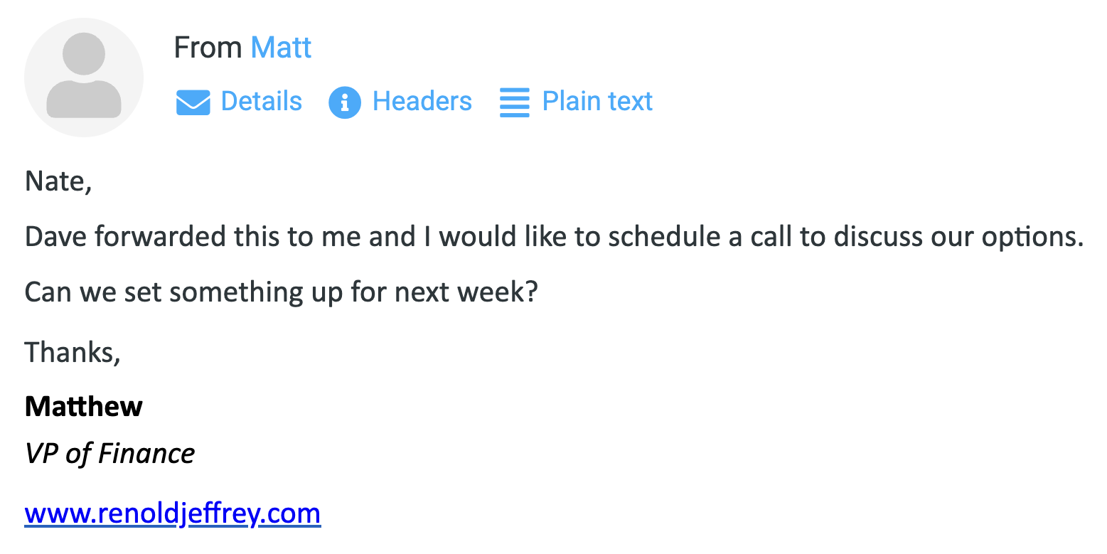 Real email reply for the Solar Liberty campaign — Matthew, VP of Finance at Renold Jeffrey: “Can we set something up for next week?”