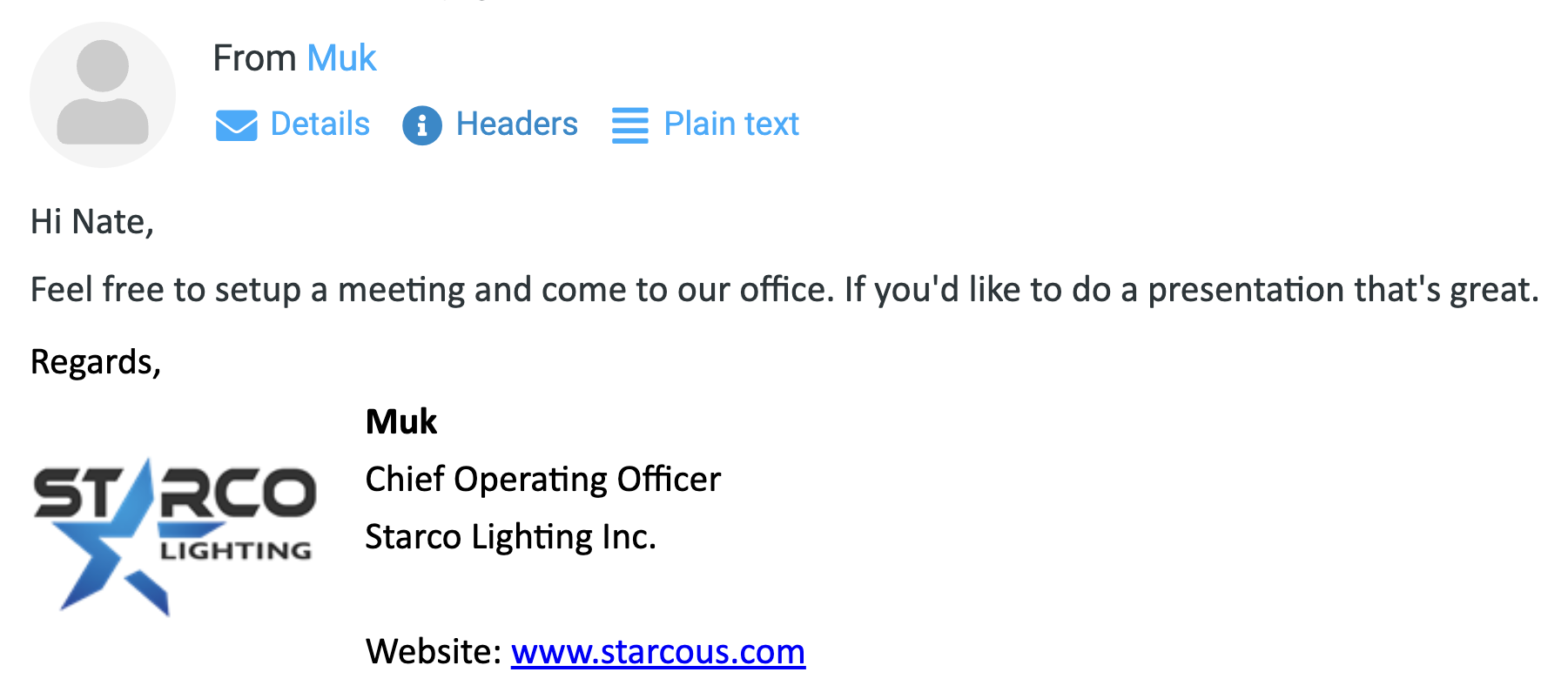 Real email reply for the Solar Liberty campaign — Muk, COO at Starco Lighting: “Feel free to set up a meeting and come to our office. If you’d like to do a presentation that’s great.”